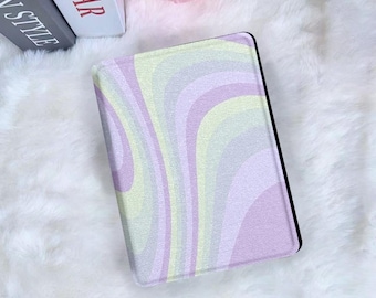 Artistic Flowing Lines Kindle Hülle Kobo Clara Hülle mit Gurtband Purple Green Lines 7" Kindle Paperwhite 12th 2024 Case Einzigartiges Geschenk für Sie