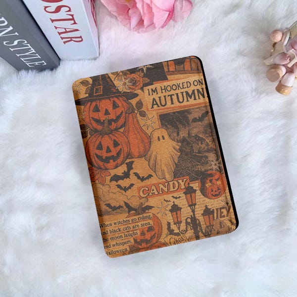 Funda vintage de Halloween con diseño de calabaza fantasmal para Kindle y Kobo con correa de mano para el nuevo Kindle Paperwhite de 12.ª generación de 2024. Idea de regalo.