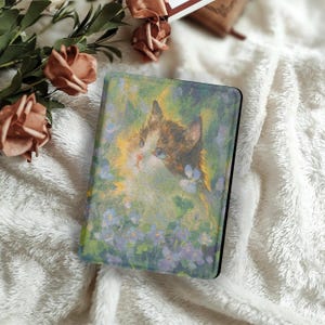 Cute Cat with Flowers Kindle Case Fits Kindle Paperwhite 12th Gen All Models Auto Wake/Sleep Aesthetic Cat Cover Perfect Gift for Cat Lover