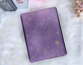 Celestial Moon Purple Starry Kindle & Kobo Case with Hand Strap Gold Moon Stars Case For 6"/7" Kindle And Kobo Personalization Case for Her
