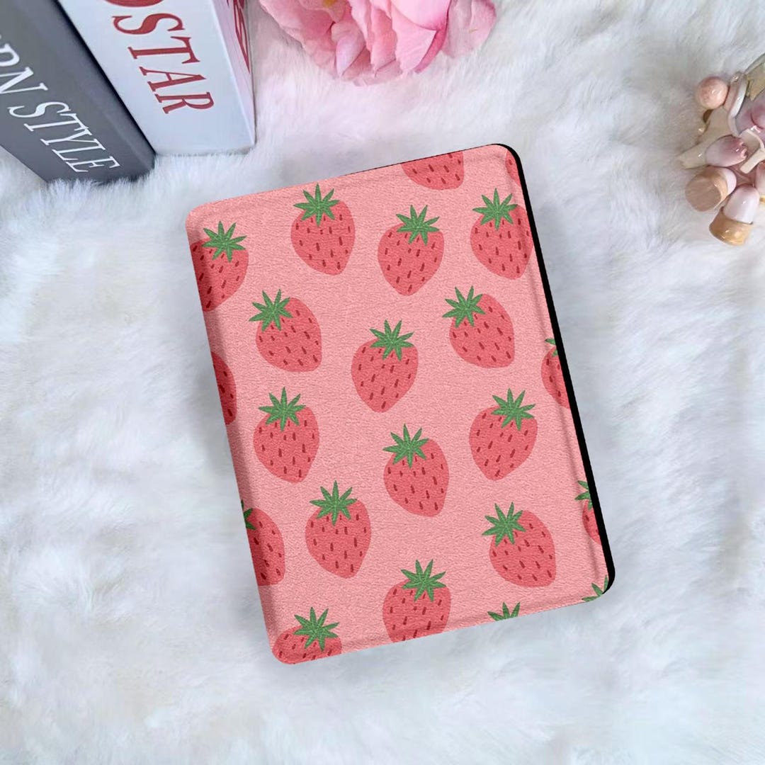 Cute Pink Strawberry Print Kindle & Kobo Case With Hand Strap Auto ...
