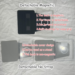 Pode incluir: Um conjunto de capas para tablet com cobertura magn&eacute;tica preta com al&ccedil;a integrada e capa traseira transparente. Texto: Detachable Magnetic, 1. The back is magnetic, 2. The cover is detachable, 3. Can be used as a stand, 4. Built-in strap for easy grip, Detachable No Strap, 1. Detachable cover design, 2. Can be used as a stand, 3. The back is non-magnetic.