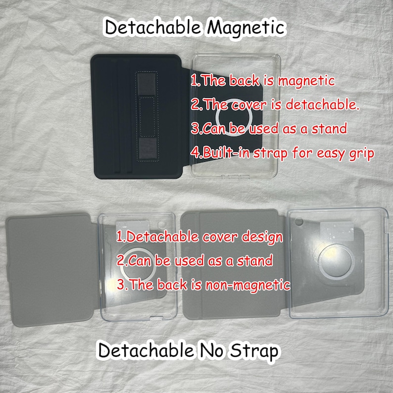 Pode incluir: Um conjunto de capas para tablet com cobertura magn&eacute;tica preta com al&ccedil;a integrada e capa traseira transparente. Texto: Detachable Magnetic, 1. The back is magnetic, 2. The cover is detachable, 3. Can be used as a stand, 4. Built-in strap for easy grip, Detachable No Strap, 1. Detachable cover design, 2. Can be used as a stand, 3. The back is non-magnetic.