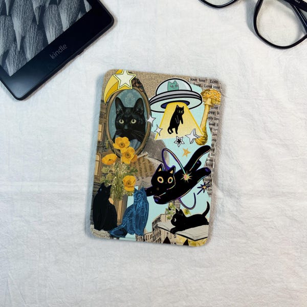 Vintage Collage Whimsical Cat Cosmic Stars Kindle & Kobo Case with Hand Strap 7"/6.8" Kindle Paperwhite Sleeve Personalization Gift For Her