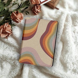 Custodia per e-reader Kindle e Kobo con motivo retrò, motivo: onda colorata astratta arcobaleno, con cinturino da polso, funzione di sospensione/riattivazione automatica per Kindle da 7", regalo per Kobo Libra