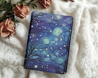 Funda para Kindle con pintura al óleo artística de noche estrellada y remolino, con correa de mano, función de encendido y apagado automático para Kindle Paperwhite de 7 pulgadas (2024), regalo para ella/él