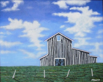 ACEO- Limited Edition Landscape (1/25) - Old Barn- Blue Sky - Clouds - Fence- Field-Rural Landscape