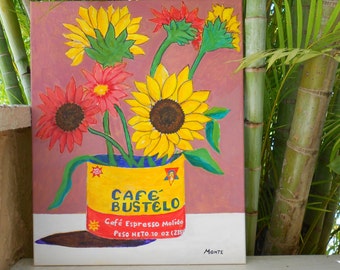 Coffee Can Floral -Abstract Expressionist Pop Art- Yellow, Greens and Blues - Limited Edition Canvas Prints  ( 1/25).