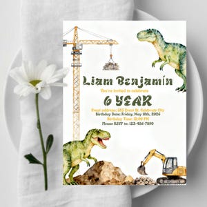 Dino Construction Birthday Invitation | Tractor and Crane Party Template | Watercolor Dinosaur Builder Invite | Editable Canva Download