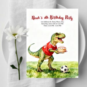 Soccer Dinosaur Birthday Invitation | Watercolor Dino Football Party | Editable Canva Template | Kids Birthday Invite