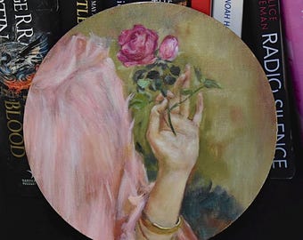 Romantic oil painting on round canvas - feminine hand holding blooming rose - inspired by classical beauty and grace