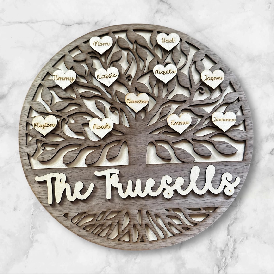 Personalized Wooden Family Tree Plaque – Custom Names on Hearts, Family ...