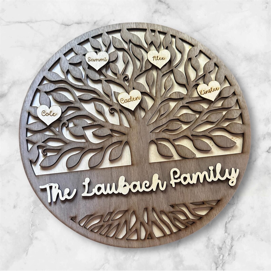 Personalized Wooden Family Tree Plaque – Custom Names on Hearts, Family ...