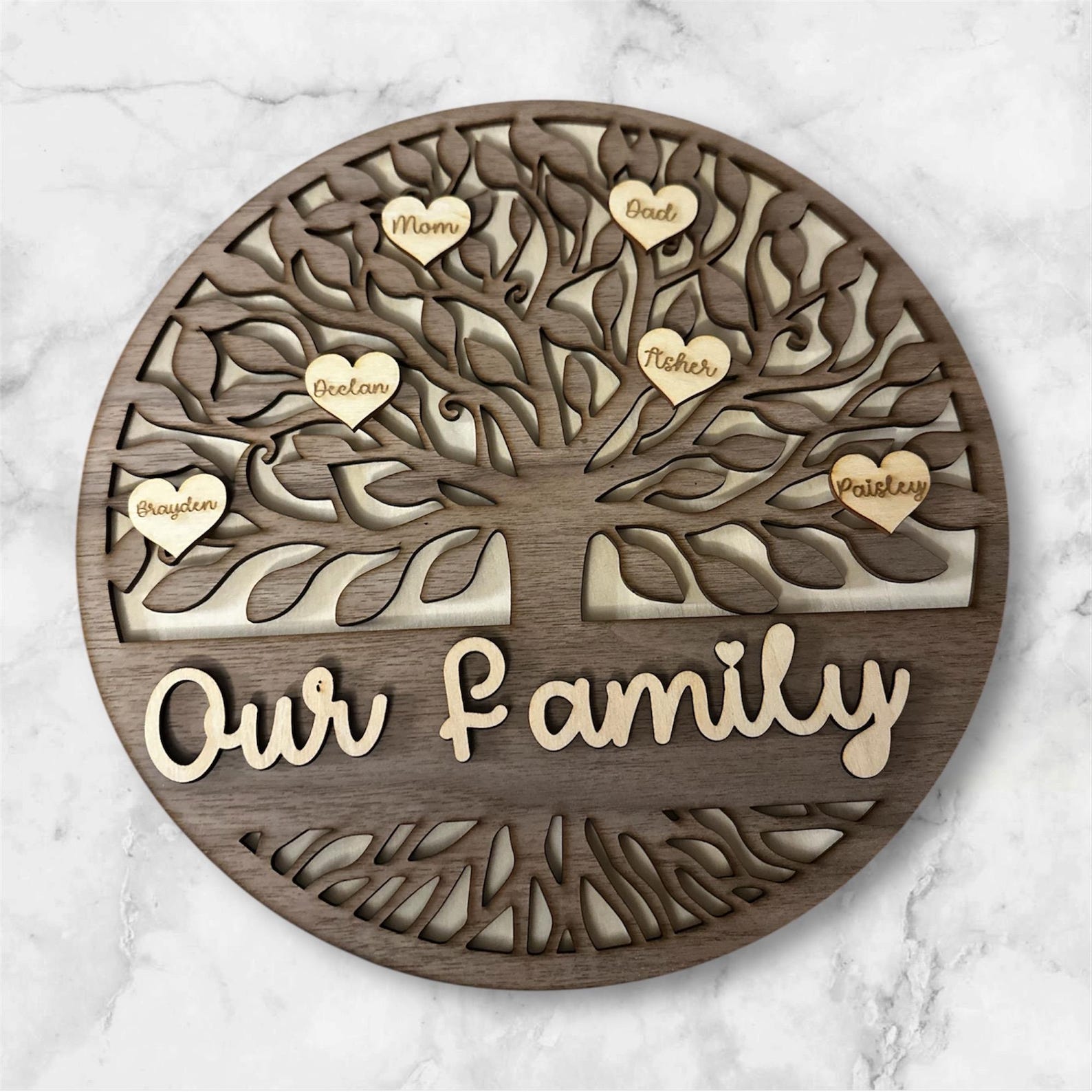 Personalized Wooden Family Tree Plaque – Custom Names on Hearts, Family ...