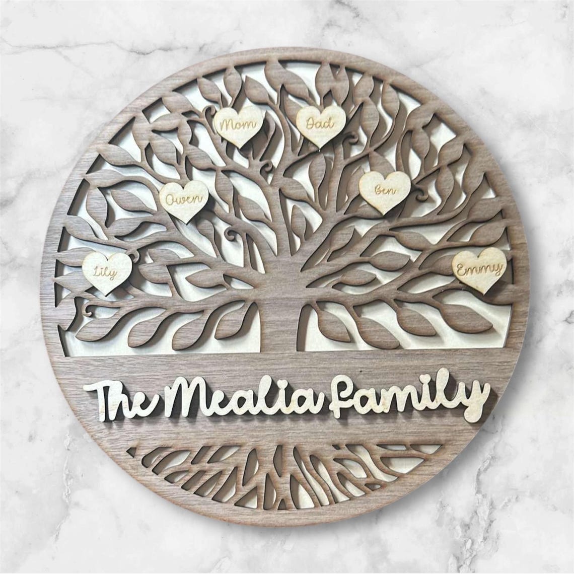 Personalized Wooden Family Tree Plaque – Custom Names on Hearts, Family ...
