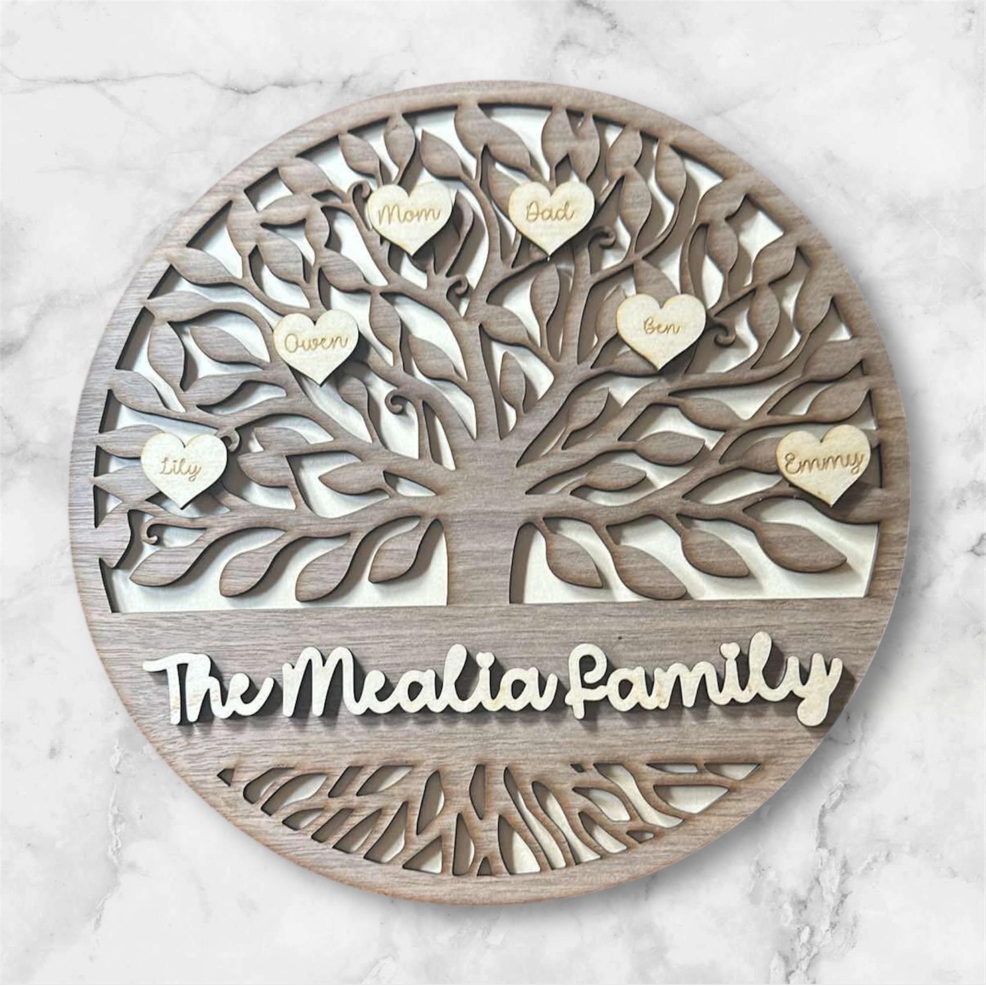 Personalized Wooden Family Tree Plaque – Custom Names on Hearts, Family ...