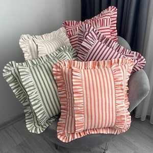 Frill Linen Striped Pillow Cover - Different Color Options With Frill Edges
