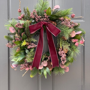 Burgundy Velvet Holiday Wreath – Faux Evergreen & Eucalyptus, Pinecones