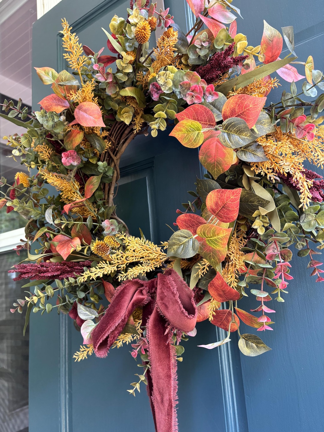 Fall Front Door Wreath: Burgundy Velvet Ribbon, Faux Autumn Leaves - Etsy