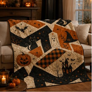 May include: A quilted throw blanket featuring a geometric pattern of orange, black, and cream panels. The design includes printed illustrations of a jack-o'-lantern, a black cat, a ghost, a witch hat, a haunted house, bats, and small stars.