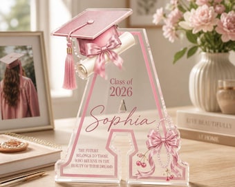 Personalized Graduation Acrylic Block, Custom Initial Letter Keepsake, Class of 2026 Gift for Her, Pink Bow Graduation Decor