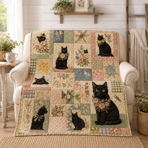 May include: A quilted throw blanket featuring a patchwork design with various floral patterns, dragonfly motifs, and multiple illustrations of black cats. The cats are depicted in different poses, some wearing floral collars or bows, set against a soft-toned background.