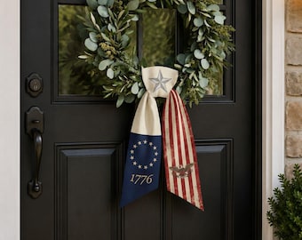USA Patriotic Wreath Bow, Front Door American Flag Sash, Memorial Day Porch Decor, Fourth of July Door Hanger, Patriotic Home Decor