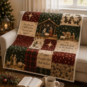 Christian Nativity Patchwork Quilt, Bible Verse Christmas Throw Blanket, Holy Family Quilted Bedspread, Religious Holiday Home Decor