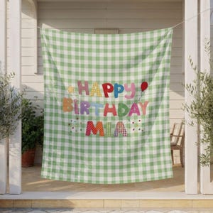 Personalized Happy Birthday Tapestry, Custom Name Birthday Backdrop, Green Gingham Birthday Banner, Patchwork Birthday Party Decor