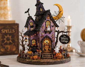 Spooky Witch's Cottage Wooden Block Sign, Halloween Purple Haunted House Table Decor, Creepy Ghost Pumpkin Centerpiece Gift