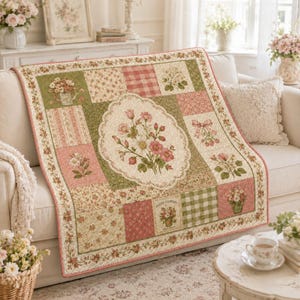May include: A patchwork quilt featuring a central oval medallion with a floral bouquet, surrounded by squares of sage green, soft pink, and cream fabrics. The design includes patterns of gingham, stripes, and small floral prints with the text Fresh Flowers.