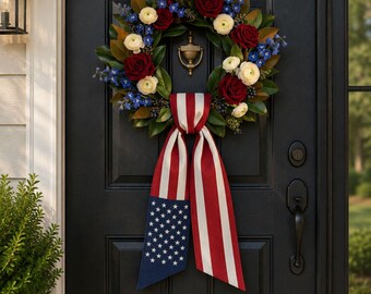 American Flag Wreath Sash, Patriotic Front Door Decor, Red White Blue Door Bow, Independence Day Wreath Ribbon, July 4th Decoration