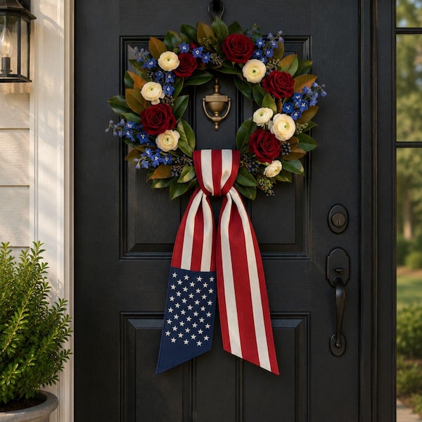 American Flag Wreath Sash, Patriotic Front Door Decor, Red White Blue Door Bow, Independence Day Wreath Ribbon, July 4th Decoration