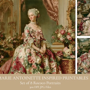 Könnte beinhalten: Ein Set digitaler Drucke mit Rokoko-Porträts, inspiriert von Marie Antoinette. Das Hauptbild zeigt eine Frau in einem Blumengewand, umgeben von Blumen. Zusätzliche Bilder zeigen die Frau in verschiedenen Posen. Text: "Marie Antoinette Inspired Printables".