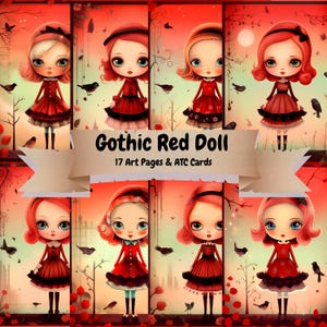 Gothic Red Doll Digital Kit – 17 Junk Journal Pages & ATC Cards | Dark Vintage Printable Art for Scrapbooking, Collage