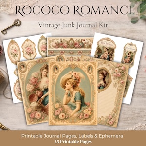 Pode incluir: Um kit de diário vintage com o texto "ROCOCO ROMANCE". O kit inclui páginas de diário imprimíveis, etiquetas e efemérides. As páginas apresentam ilustrações de mulheres, flores e molduras ornamentadas.