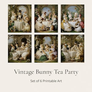 Vintage Bunny Tea Party Art Print Set, Rococo Victorian Easter Decor (Digital Download)