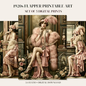 May include: A set of five digital prints titled 1920s Flapper Printable Art, featuring illustrations of individuals in pink flapper-style dresses with feathered headpieces and fur stoles, set in ornate interiors with floral arrangements and 3:4 ratio.