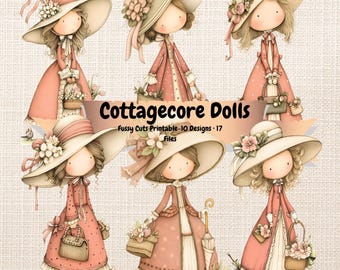 Afdrukbare Cottagecore Dolls Fussy Cuts – Vintage Paper Dolls, Ephemera Junk Journal (digitale download)