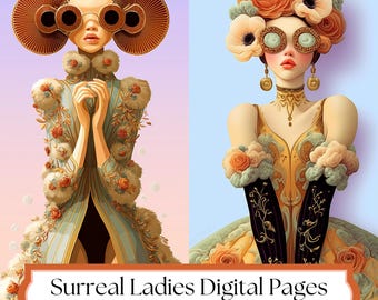 Surreal Fashion Women Art Set, 16 Printable Pages for Junk Journals & Collage (Digital Download)