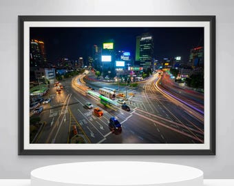 Seoul City Traffic At Night in South Korea. Wall Art, Travel Landscape Poster