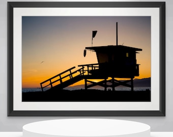 Santa Monica Lifeguard Tower Sunset Print, Los Angeles Wall Art