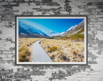 Hooker Valley Track Mt Cook en Nouvelle-Zélande. Art mural, affiche de paysage de voyage