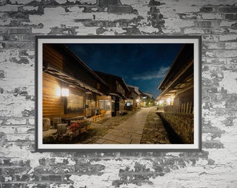 Magome-Juku de nuit au Japon. Art mural, affiche de paysage de voyage