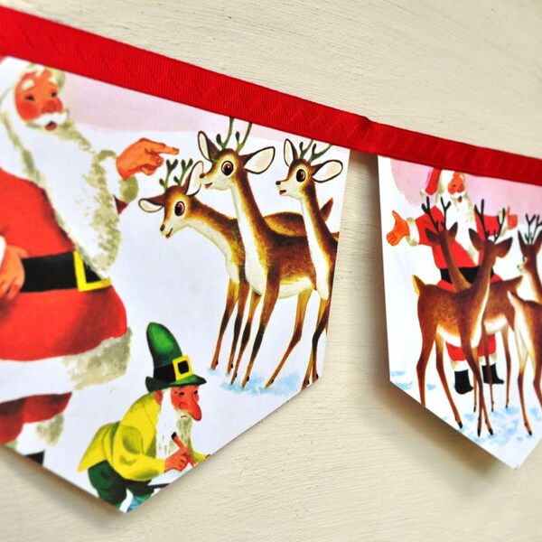 RUDOLPH the RED NOSED Banner Reindeer  Christmas decoration Vintage Little Golden Book storybook garland paper Eco friendly repurposed party