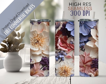 Sublimeringsdesign med blommig tumbler: Sömlös 20 oz smal sjal (digital nedladdning)