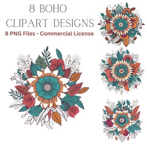 8 Colorful BOHO Flower Arrangements Digital PNG Downloads| Flower Bouquets Clipart | Mothers Day Wedding Invitation