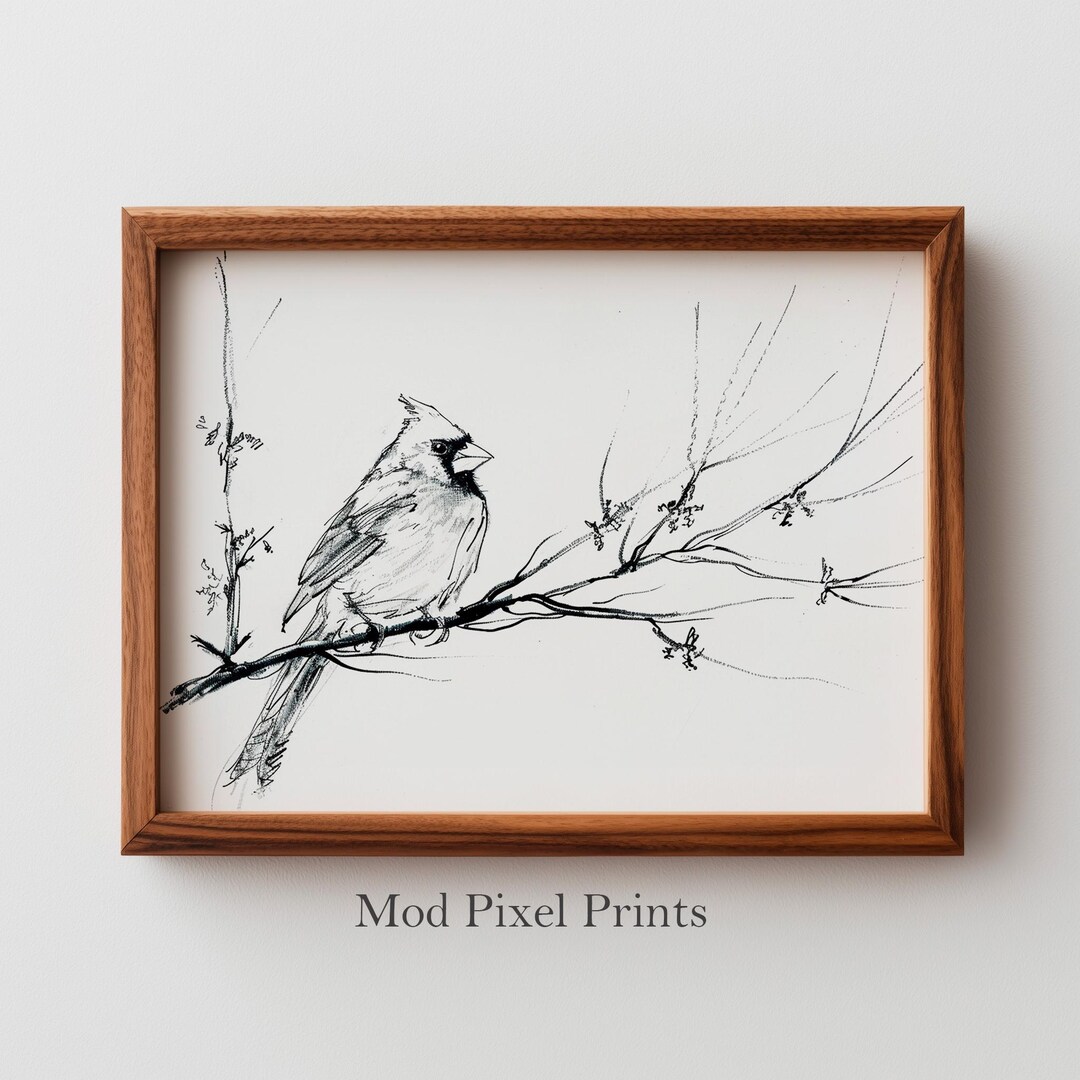 Minimalist Cardinal on Slender Branch - Black & White Ink Art, Rustic ...
