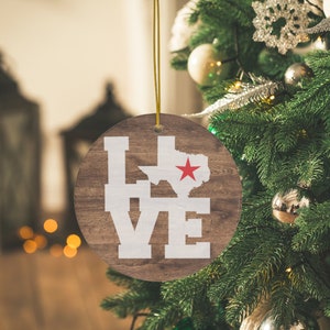 Love Texas Wood Grain Christmas Ornament - Ceramic