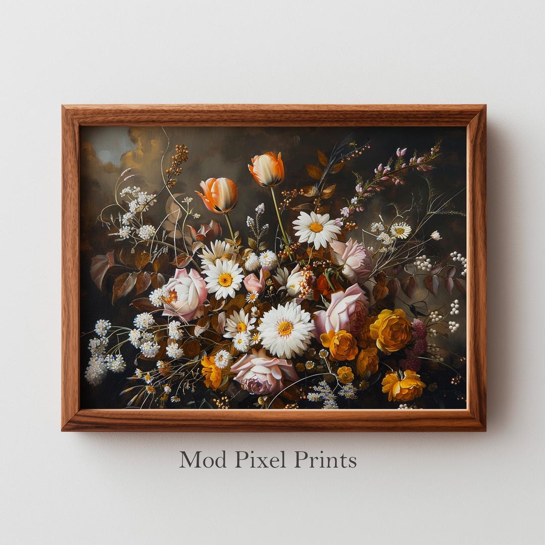 Moody Vintage Floral Still Life - Dark Dramatic Bouquet Painting ...